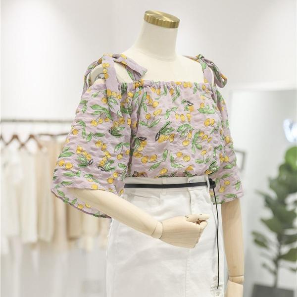 レディース トップス スクエアネック カットソー 5分袖 シフォン 総柄 夏 カジュアル 大人可愛い フェミニン オフィス お出かけ デート デイリー パープル ホワイト フリーサイズ 送料無料