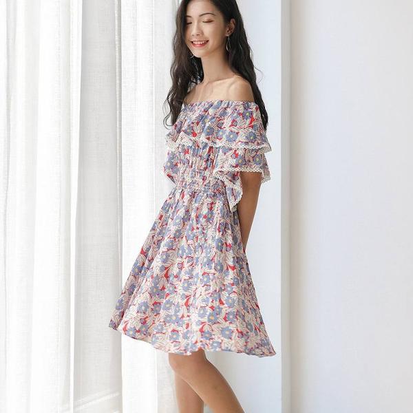 レディース ワンピース オフショルダー 半袖 フリル 花柄 フラワー 総柄 ミディ丈 夏 清楚 カジュアル 大人可愛い フェミニン デート デイリー リゾート ブルー ピンク フリーサイズ 送料無料