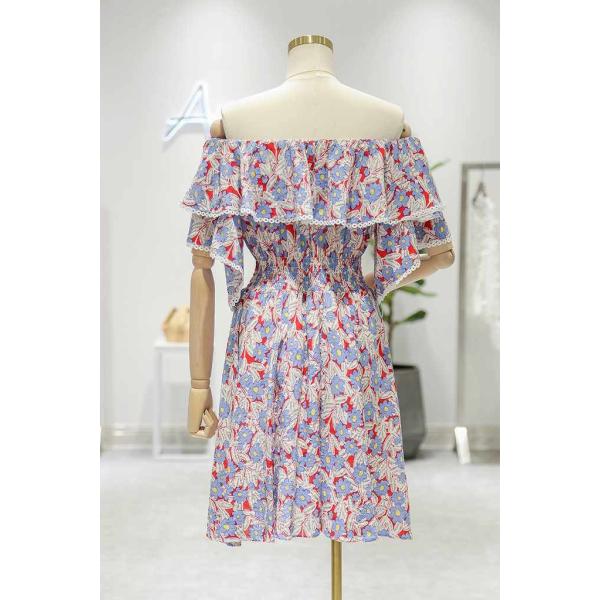 レディース ワンピース オフショルダー 半袖 フリル 花柄 フラワー 総柄 ミディ丈 夏 清楚 カジュアル 大人可愛い フェミニン デート デイリー リゾート ブルー ピンク フリーサイズ 送料無料