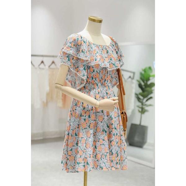 レディース ワンピース オフショルダー 半袖 フリル 花柄 フラワー 総柄 ミディ丈 夏 清楚 カジュアル 大人可愛い フェミニン デート デイリー リゾート ブルー ピンク フリーサイズ 送料無料