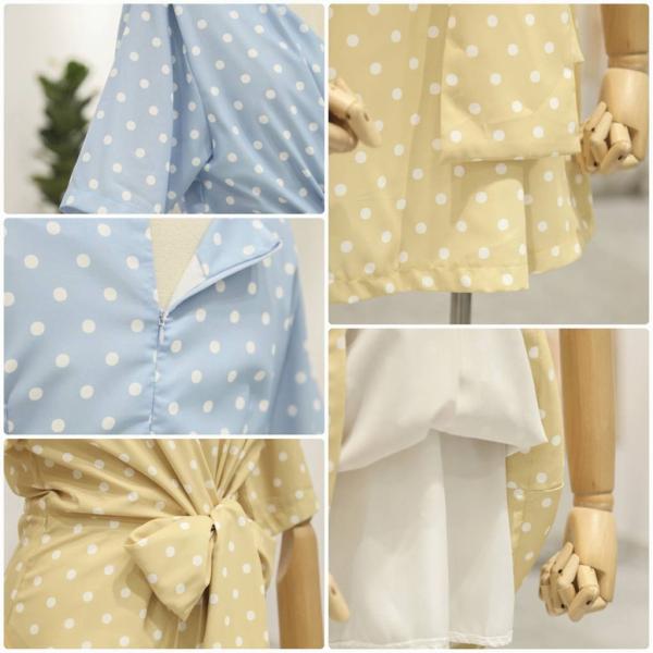 レディース シフォン ワンピース Vネック ハイウエスト ドット 水玉 半袖 春 夏 スカート カジュアル キュート 可愛い フェミニン きれいめ 上品 エレガント おしゃれ お出かけ お呼ばれ ブルー イエロー フリーサイズ ワンサイズ 送料無料