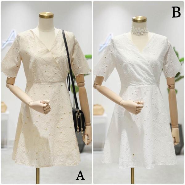 レディース ワンピース Vネック ハイウエスト 総レース ミニ丈 半袖 春 夏 スカート カジュアル キュート 可愛い フェミニン きれいめ 上品 エレガント おしゃれ お出かけ お呼ばれ ホワイト ベージュ フリーサイズ ワンサイズ 送料無料