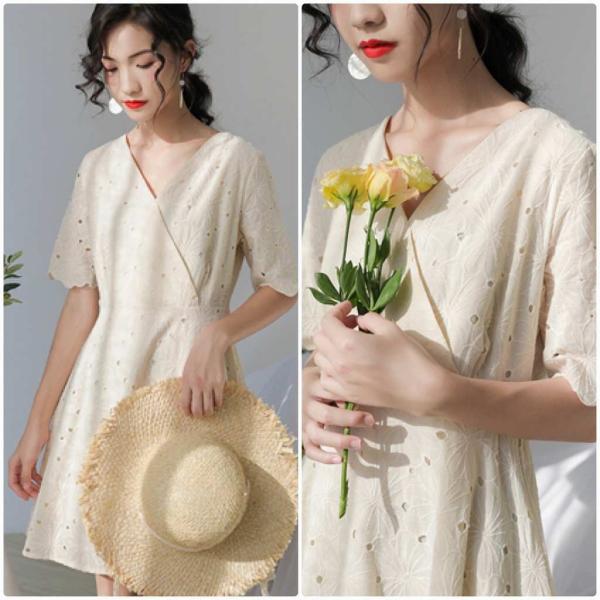 レディース ワンピース Vネック ハイウエスト 総レース ミニ丈 半袖 春 夏 スカート カジュアル キュート 可愛い フェミニン きれいめ 上品 エレガント おしゃれ お出かけ お呼ばれ ホワイト ベージュ フリーサイズ ワンサイズ 送料無料