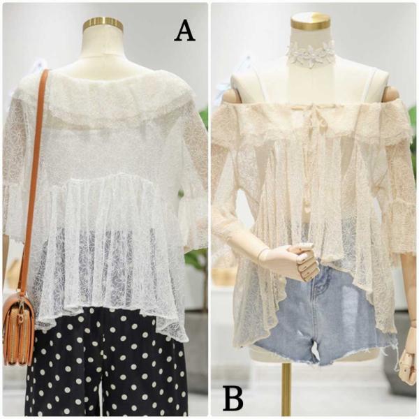 レディース シフォン ブラウス フレアスリーブ 総レース 五分袖 シャツ 春 夏 トップス カジュアル キュート 可愛い フェミニン きれいめ 上品 エレガント おしゃれ お出かけ オフィス デート デイリー ホワイト ベージュ フリーサイズ 送料無料