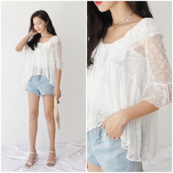 レディース シフォン ブラウス フレアスリーブ 総レース 五分袖 シャツ 春 夏 トップス カジュアル キュート 可愛い フェミニン きれいめ 上品 エレガント おしゃれ お出かけ オフィス デート デイリー ホワイト ベージュ フリーサイズ 送料無料