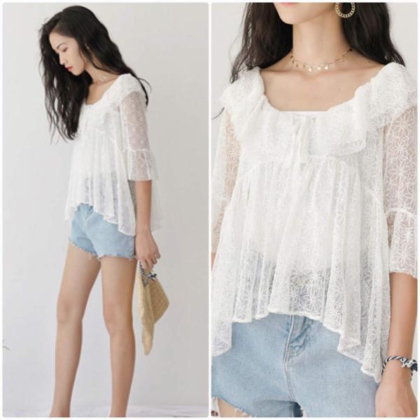 レディース シフォン ブラウス フレアスリーブ 総レース 五分袖 シャツ 春 夏 トップス カジュアル キュート 可愛い フェミニン きれいめ 上品 エレガント おしゃれ お出かけ オフィス デート デイリー ホワイト ベージュ フリーサイズ 送料無料