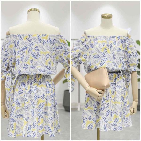 レディース シフォン 肩出し 肩見せ オフショルダー ワンピース ボタニカル柄 ミニ丈 半袖 春 夏 スカート カジュアル キュート 可愛い フェミニン きれいめ 上品 エレガント おしゃれ お出かけ お呼ばれ ネイビー フリーサイズ 送料無料
