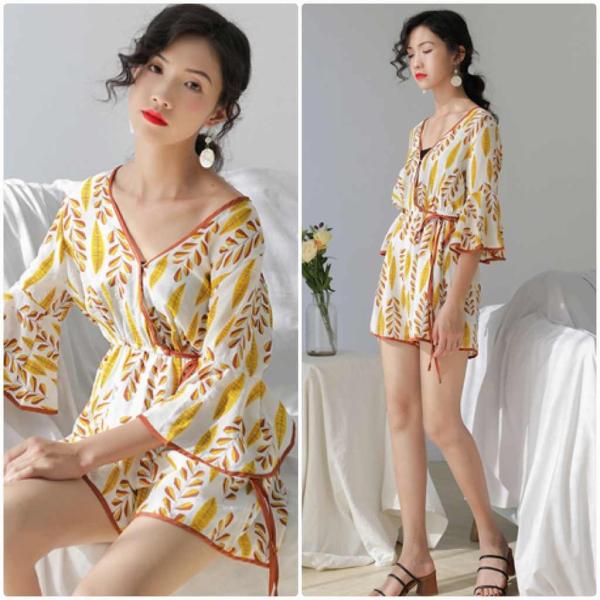 レディース サロペット フレアスリーブ Vネック オールインワン オーバーオール ジャンプスーツ ショートパンツ ボトムス カジュアル キュート 可愛い フェミニン おしゃれ お出かけ デイリー 普段着 春 夏 イエロー フリーサイズ 送料無料