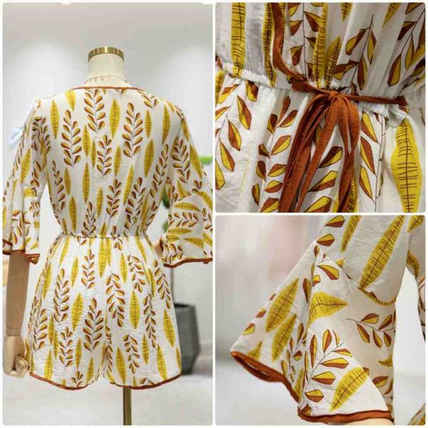 レディース サロペット フレアスリーブ Vネック オールインワン オーバーオール ジャンプスーツ ショートパンツ ボトムス カジュアル キュート 可愛い フェミニン おしゃれ お出かけ デイリー 普段着 春 夏 イエロー フリーサイズ 送料無料