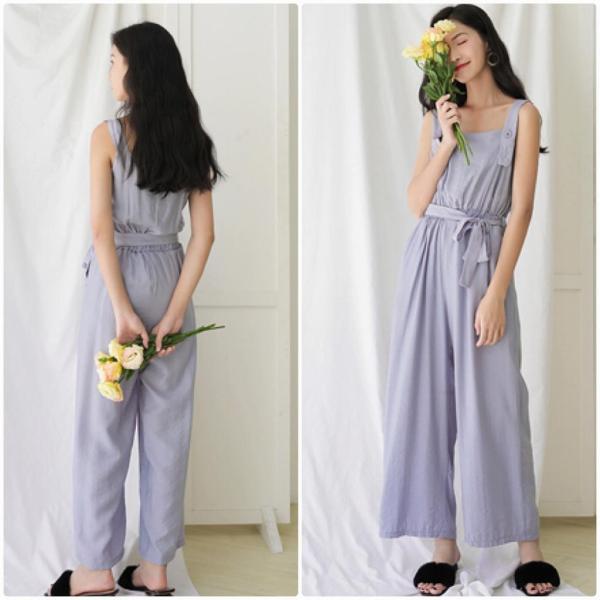 レディース サロペット ワイドレッグパンツ オールインワン オーバーオール ジャンプスーツ 腰紐 ボトムス カジュアル キュート 可愛い フェミニン おしゃれ お出かけ デイリー 普段着 春 夏 ブルー ブラック フリーサイズ ワンサイズ 送料無料