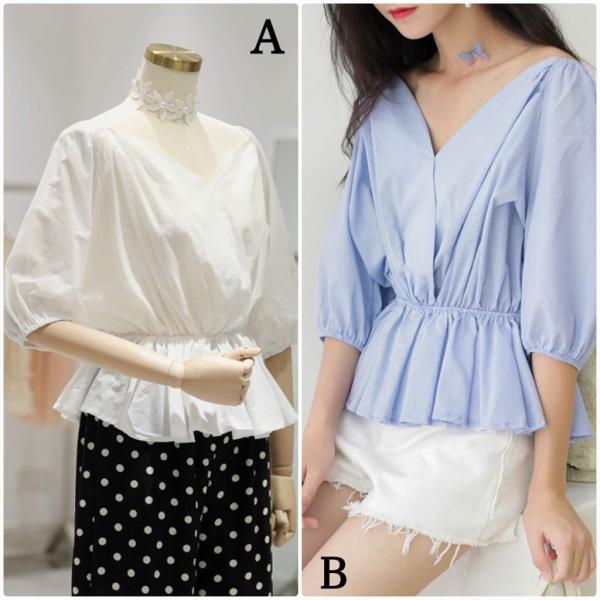 レディース Vネック ブラウス パフスリーブ 五分袖 シャツ 春 夏 トップス カジュアル キュート 可愛い フェミニン きれいめ 上品 エレガント おしゃれ お出かけ オフィス デート デイリー ホワイト ブルー フリーサイズ ワンサイズ 送料無料