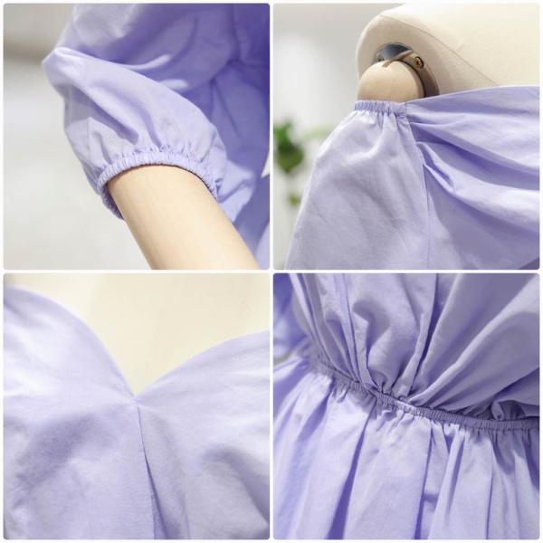 レディース Vネック ブラウス パフスリーブ 五分袖 シャツ 春 夏 トップス カジュアル キュート 可愛い フェミニン きれいめ 上品 エレガント おしゃれ お出かけ オフィス デート デイリー ホワイト ブルー フリーサイズ ワンサイズ 送料無料