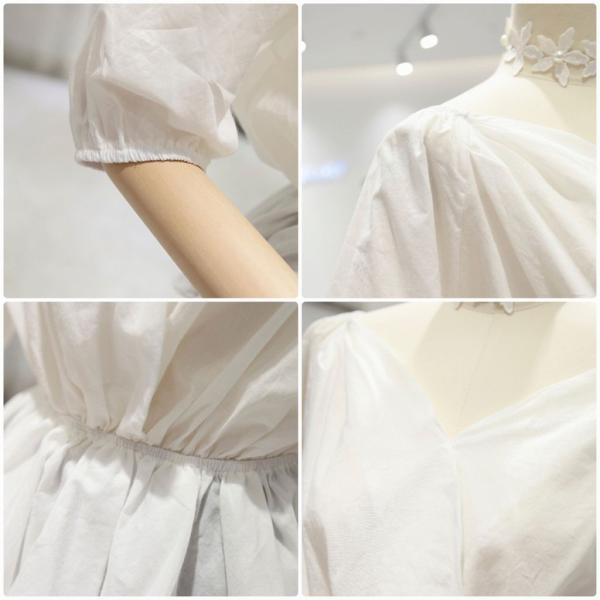 レディース Vネック ブラウス パフスリーブ 五分袖 シャツ 春 夏 トップス カジュアル キュート 可愛い フェミニン きれいめ 上品 エレガント おしゃれ お出かけ オフィス デート デイリー ホワイト ブルー フリーサイズ ワンサイズ 送料無料