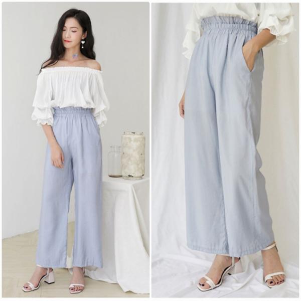 レディース ワイドレッグパンツ ハイウエスト ウエストゴム ボトムス カジュアル キュート 可愛い フェミニン きれいめ エレガント おしゃれ お出かけ オフィス デイリー 普段着 ホワイト グリーン ブルー フリーサイズ ワンサイズ 送料無料