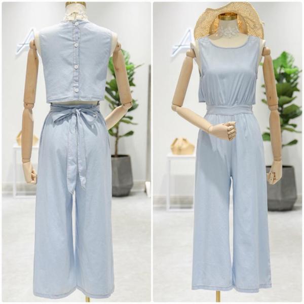 レディース サロペット アンクル丈 クロップド 半端丈 ノースリーブ ワイドレッグパンツ オールインワン オーバーオール ジャンプスーツ ボトムス カジュアル キュート 可愛い フェミニン おしゃれ お出かけ デイリー 普段着 春 夏 ブルー 送料無料