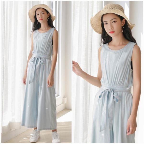 レディース サロペット アンクル丈 クロップド 半端丈 ノースリーブ ワイドレッグパンツ オールインワン オーバーオール ジャンプスーツ ボトムス カジュアル キュート 可愛い フェミニン おしゃれ お出かけ デイリー 普段着 春 夏 ブルー 送料無料