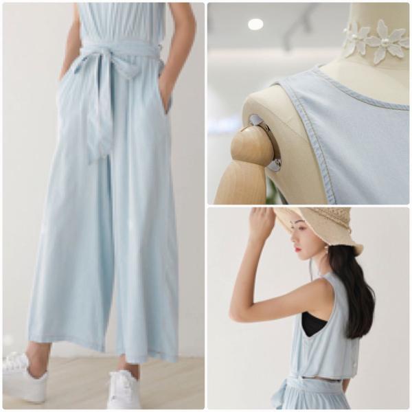 レディース サロペット アンクル丈 クロップド 半端丈 ノースリーブ ワイドレッグパンツ オールインワン オーバーオール ジャンプスーツ ボトムス カジュアル キュート 可愛い フェミニン おしゃれ お出かけ デイリー 普段着 春 夏 ブルー 送料無料