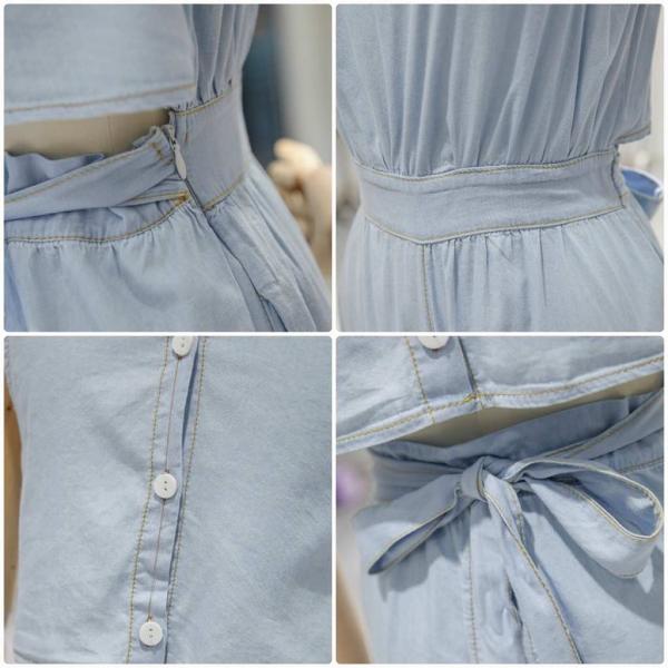 レディース サロペット アンクル丈 クロップド 半端丈 ノースリーブ ワイドレッグパンツ オールインワン オーバーオール ジャンプスーツ ボトムス カジュアル キュート 可愛い フェミニン おしゃれ お出かけ デイリー 普段着 春 夏 ブルー 送料無料