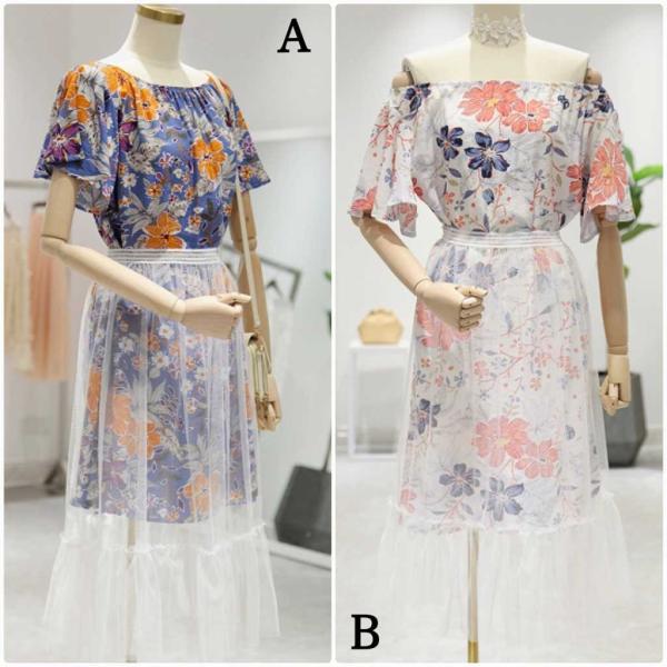 レディース ワンピース 半袖 ラウンドネック 透け素材 透け感 ミモレ丈 春 夏 スカート カジュアル キュート 可愛い フェミニン きれいめ 上品 エレガント おしゃれ お出かけ お呼ばれ ホワイト ブルー フリーサイズ ワンサイズ 送料無料