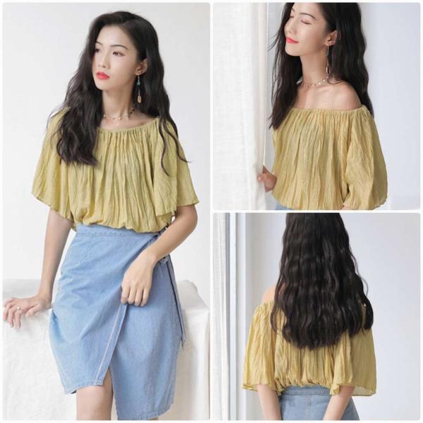 レディース 肩出し 肩見せ オフショルダー ブラウス 半袖 シャツ 春 夏 トップス カジュアル キュート 可愛い フェミニン きれいめ 上品 エレガント おしゃれ お出かけ オフィス デート デイリー ホワイト イエロー フリーサイズ 送料無料