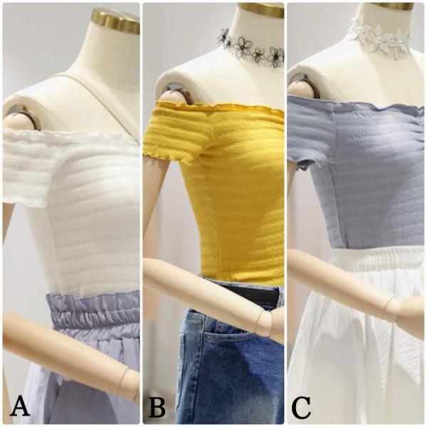 レディース 肩出し 肩見せ オフショルダー ブラウス 半袖 シャツ 春 夏 トップス カジュアル キュート 可愛い フェミニン きれいめ 上品 エレガント おしゃれ お出かけ オフィス デート デイリー ホワイト イエロー ブルー フリーサイズ 送料無料