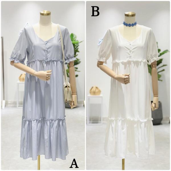 レディース ワンピース フレアスリーブ ハイウエスト 半袖 春 夏 スカート カジュアル キュート 可愛い フェミニン きれいめ 上品 エレガント おしゃれ お出かけ お呼ばれ ホワイト ブルー フリーサイズ ワンサイズ 送料無料