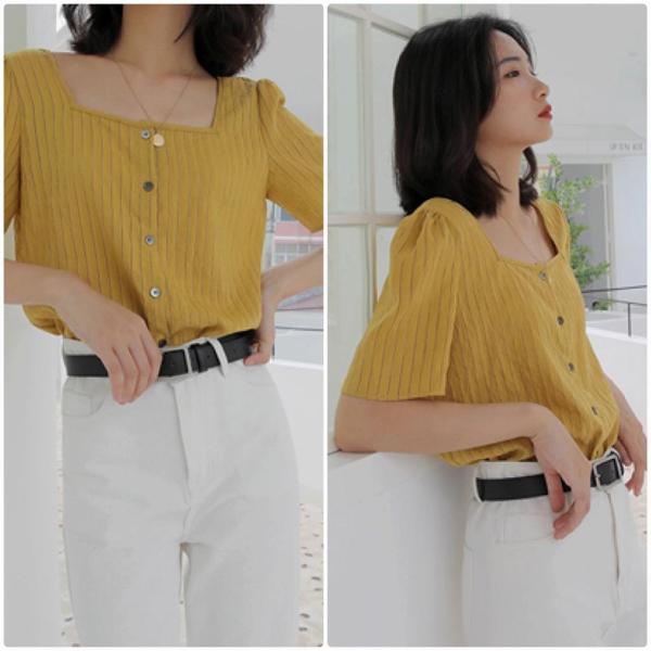 レディース スクエアネック ブラウス 半袖 シャツ シンプル 春 夏 トップス カジュアル キュート 可愛い フェミニン きれいめ 上品 エレガント おしゃれ お出かけ オフィス デート デイリー イエロー ホワイト フリーサイズ ワンサイズ 送料無料