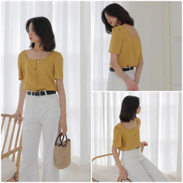 レディース スクエアネック ブラウス 半袖 シャツ シンプル 春 夏 トップス カジュアル キュート 可愛い フェミニン きれいめ 上品 エレガント おしゃれ お出かけ オフィス デート デイリー イエロー ホワイト フリーサイズ ワンサイズ 送料無料