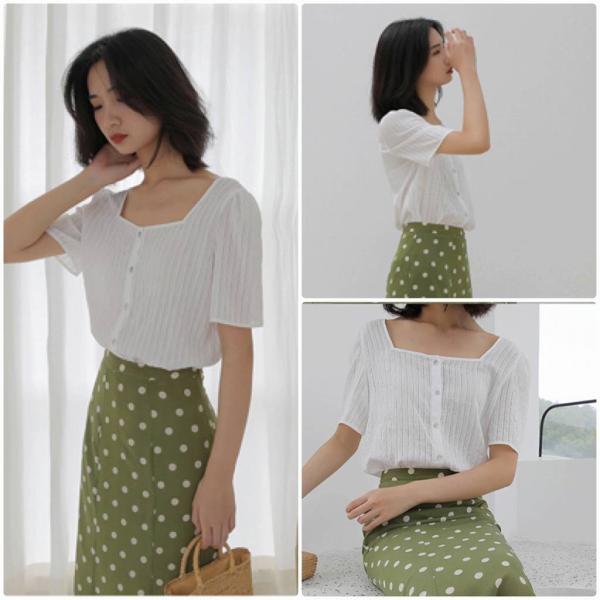 レディース スクエアネック ブラウス 半袖 シャツ シンプル 春 夏 トップス カジュアル キュート 可愛い フェミニン きれいめ 上品 エレガント おしゃれ お出かけ オフィス デート デイリー イエロー ホワイト フリーサイズ ワンサイズ 送料無料