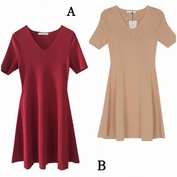 レディース ワンピース Vネック 半袖 ミニ丈 無地 シンプル 春 夏 スカート カジュアル キュート 可愛い フェミニン きれいめ 上品 エレガント おしゃれ お出かけ お呼ばれ レッド ベージュ ブラック フリーサイズ ワンサイズ 送料無料