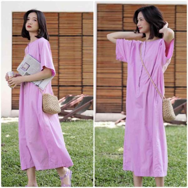 レディース ワンピース 半袖 ミモレ丈 無地 シンプル ゆったり 春 夏 スカート カジュアル キュート 可愛い フェミニン きれいめ 上品 エレガント おしゃれ お出かけ お呼ばれ ブルー ピンク フリーサイズ ワンサイズ 送料無料