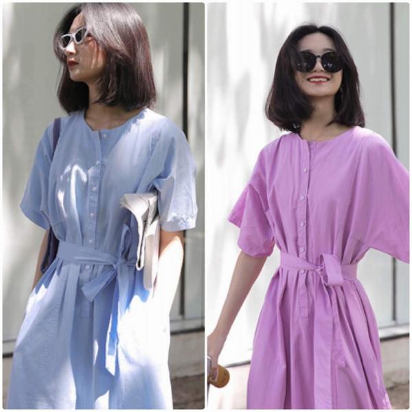 レディース ワンピース 半袖 ミモレ丈 無地 シンプル ゆったり 春 夏 スカート カジュアル キュート 可愛い フェミニン きれいめ 上品 エレガント おしゃれ お出かけ お呼ばれ ブルー ピンク フリーサイズ ワンサイズ 送料無料