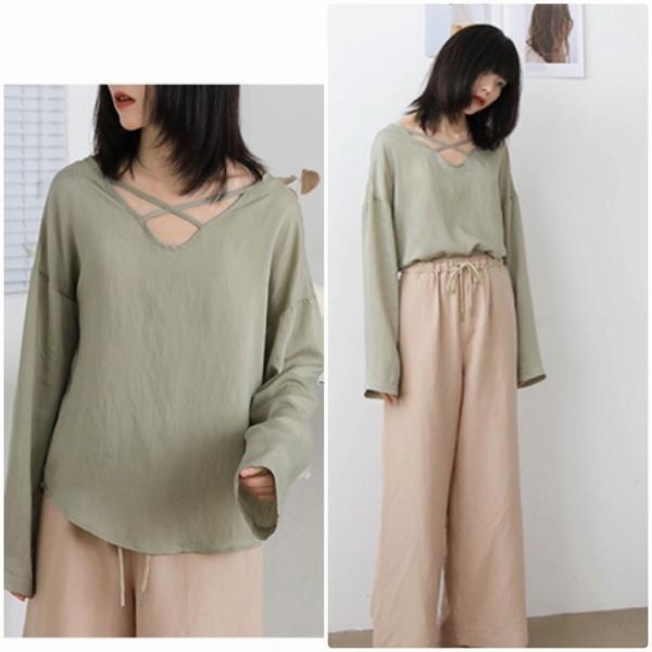 レディース ロングTシャツ シンプル Vネック 無地 カットソー 夏 春 トップス カジュアル キュート 大人 可愛い フェミニン おしゃれ お出かけ 普段着 デイリー グリーン イエロー ホワイト ブラウン フリーサイズ ワンサイズ 送料無料