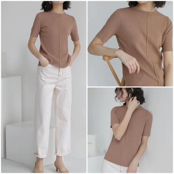 レディース ニット カットソー 無地 シンプル スリム 半袖 トップス カジュアル キュート 大人 可愛い フェミニン おしゃれ お出かけ オフィス デイリー 普段着 ベージュ ブラウン ホワイト フリーサイズ ワンサイズ 送料無料