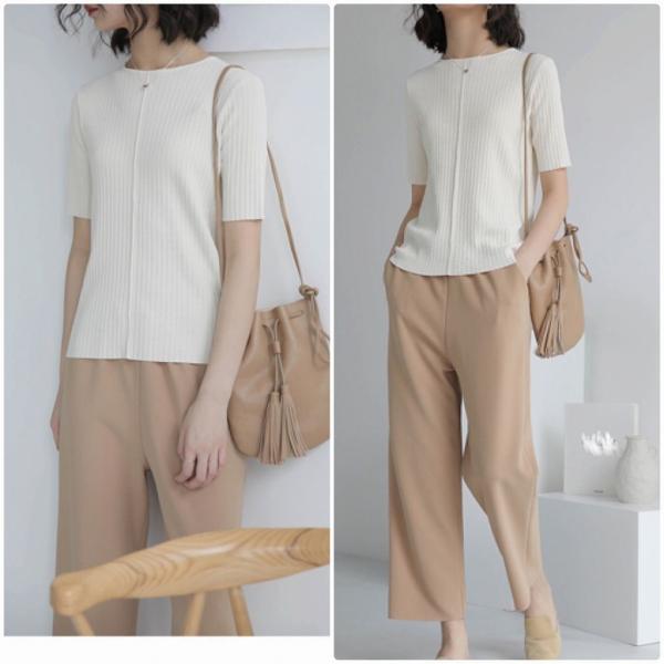 レディース ニット カットソー 無地 シンプル スリム 半袖 トップス カジュアル キュート 大人 可愛い フェミニン おしゃれ お出かけ オフィス デイリー 普段着 ベージュ ブラウン ホワイト フリーサイズ ワンサイズ 送料無料