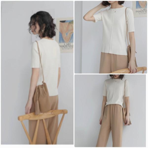 レディース ニット カットソー 無地 シンプル スリム 半袖 トップス カジュアル キュート 大人 可愛い フェミニン おしゃれ お出かけ オフィス デイリー 普段着 ベージュ ブラウン ホワイト フリーサイズ ワンサイズ 送料無料