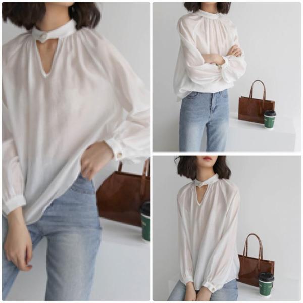 レディース ブラウス 長袖 シャツ シンプル 透け感 透け素材 無地 春 夏 トップス カジュアル キュート 可愛い フェミニン きれいめ 上品 エレガント おしゃれ お出かけ オフィス デート デイリー ホワイト ブラウン ベージュ フリーサイズ