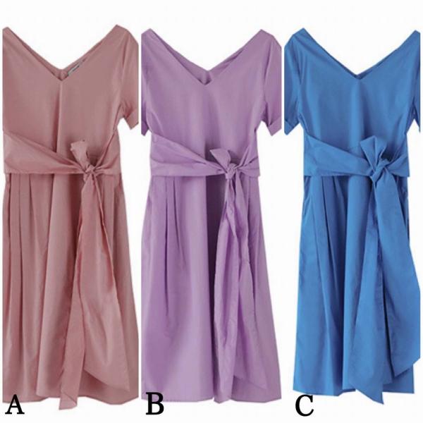 レディース ワンピース Vネック ミディ丈 ミモレ丈 無地 シンプル 春 夏 スカート カジュアル キュート 可愛い フェミニン きれいめ 上品 エレガント おしゃれ お出かけ お呼ばれ パープル ピンク ブルー フリーサイズ ワンサイズ 送料無料