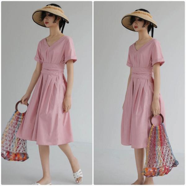 レディース ワンピース Vネック ミディ丈 ミモレ丈 無地 シンプル 春 夏 スカート カジュアル キュート 可愛い フェミニン きれいめ 上品 エレガント おしゃれ お出かけ お呼ばれ パープル ピンク ブルー フリーサイズ ワンサイズ 送料無料