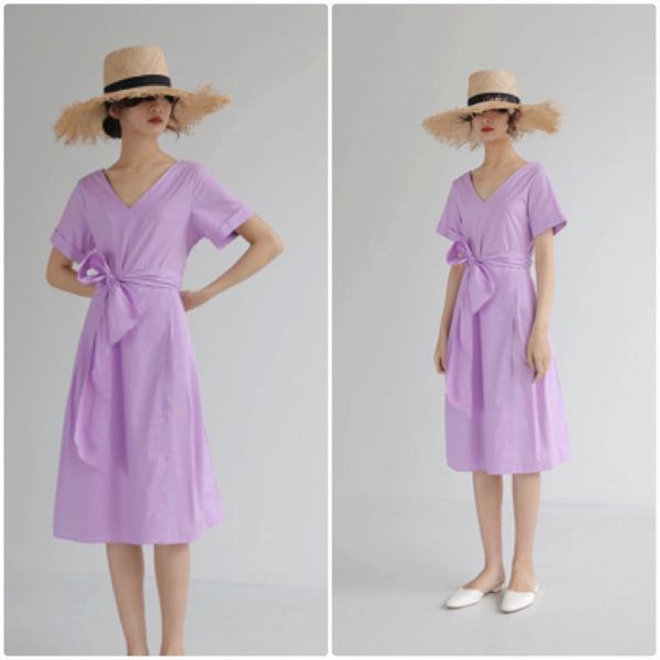 レディース ワンピース Vネック ミディ丈 ミモレ丈 無地 シンプル 春 夏 スカート カジュアル キュート 可愛い フェミニン きれいめ 上品 エレガント おしゃれ お出かけ お呼ばれ パープル ピンク ブルー フリーサイズ ワンサイズ 送料無料