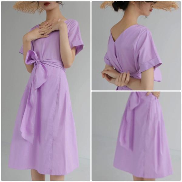 レディース ワンピース Vネック ミディ丈 ミモレ丈 無地 シンプル 春 夏 スカート カジュアル キュート 可愛い フェミニン きれいめ 上品 エレガント おしゃれ お出かけ お呼ばれ パープル ピンク ブルー フリーサイズ ワンサイズ 送料無料