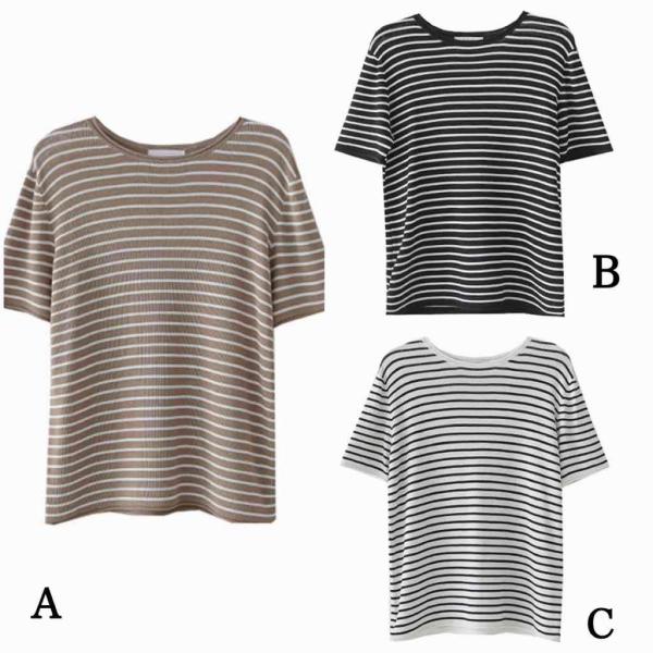 レディース ニット カットソー 薄手 ボーダー シンプル 半袖 トップス カジュアル キュート 大人 可愛い フェミニン おしゃれ お出かけ オフィス デイリー 普段着 ブラック ブラウン ホワイト フリーサイズ ワンサイズ 送料無料