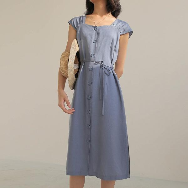 レディース ワンピース ミディ丈 無地 スクエアネック キャップスリーブ ウエストリボン 夏 カジュアル 大人可愛い フェミニン オフィス お出かけ デート デイリー リゾート ブルー グリーン フリー 送料無料