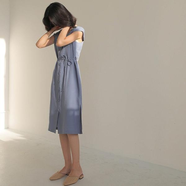 レディース ワンピース ミディ丈 無地 スクエアネック キャップスリーブ ウエストリボン 夏 カジュアル 大人可愛い フェミニン オフィス お出かけ デート デイリー リゾート ブルー グリーン フリー 送料無料