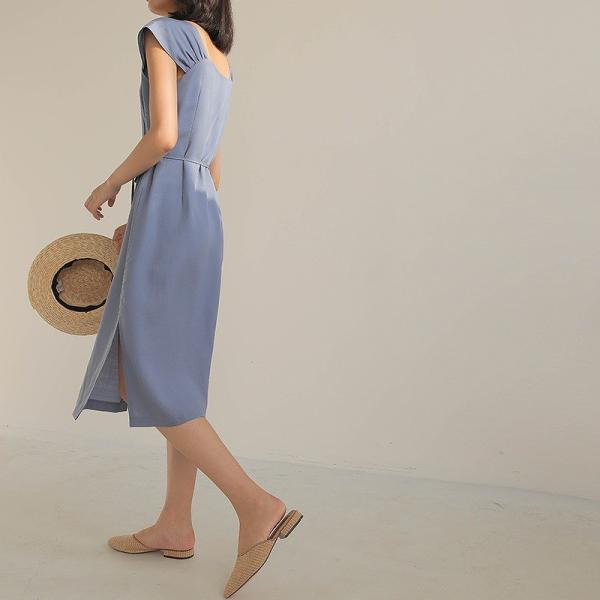 レディース ワンピース ミディ丈 無地 スクエアネック キャップスリーブ ウエストリボン 夏 カジュアル 大人可愛い フェミニン オフィス お出かけ デート デイリー リゾート ブルー グリーン フリー 送料無料