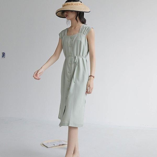 レディース ワンピース ミディ丈 無地 スクエアネック キャップスリーブ ウエストリボン 夏 カジュアル 大人可愛い フェミニン オフィス お出かけ デート デイリー リゾート ブルー グリーン フリー 送料無料
