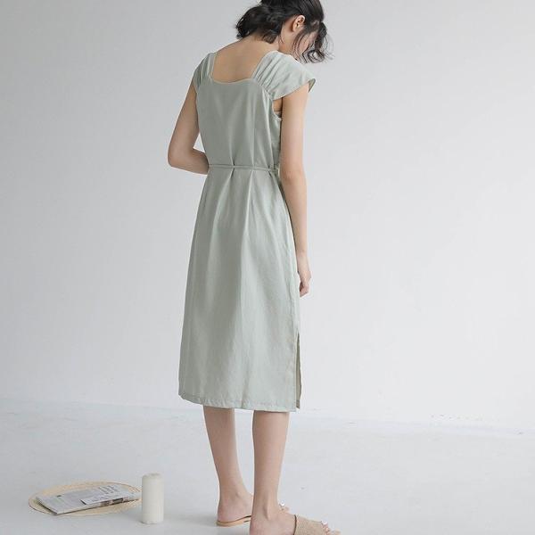 レディース ワンピース ミディ丈 無地 スクエアネック キャップスリーブ ウエストリボン 夏 カジュアル 大人可愛い フェミニン オフィス お出かけ デート デイリー リゾート ブルー グリーン フリー 送料無料
