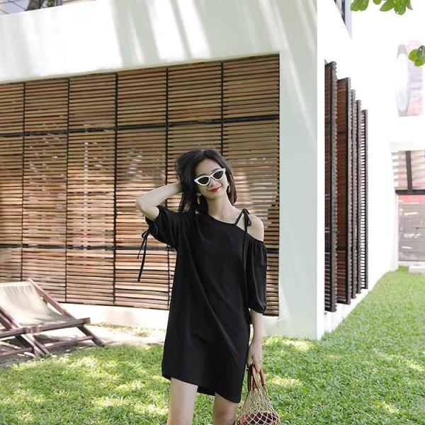 レディース カットソー ワンピース ミニ丈 無地 オープンショルダー 5分袖&半袖 アシンメトリー 夏 カジュアル 大人可愛い フェミニン オフィス お出かけ デート デイリー リゾート ブルー ピンク ホワイト ブラック フリー 送料無料