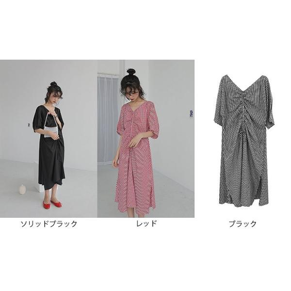 レディース ワンピース ミディ丈 チェック くしゅくしゅ Vネック 5分袖 フレア 夏 カジュアル 大人可愛い フェミニン オフィス お出かけ デート デイリー リゾート ソリッドブラック レッド ブラック フリー 送料無料