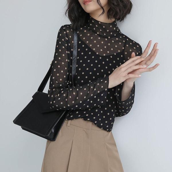 レディース トップス シャツ＆キャミソール ハイネック シフォン ドット柄 総柄 長袖 春秋 カジュアル 大人可愛い フェミニン オフィス お出かけ デート デイリー ホワイト ブラック フリー 送料無料